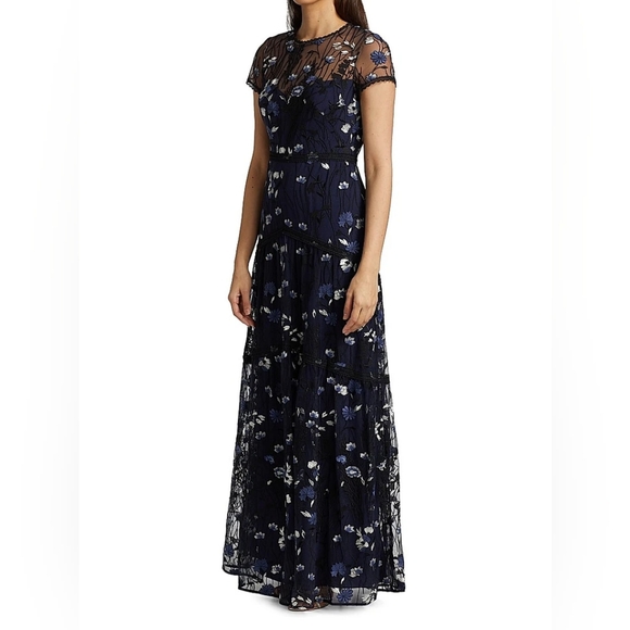 NWT Sz 18 Illusion Monique Lhuillier Navy Multi Illusion Neck Embroidered Gown - Picture 1 of 6